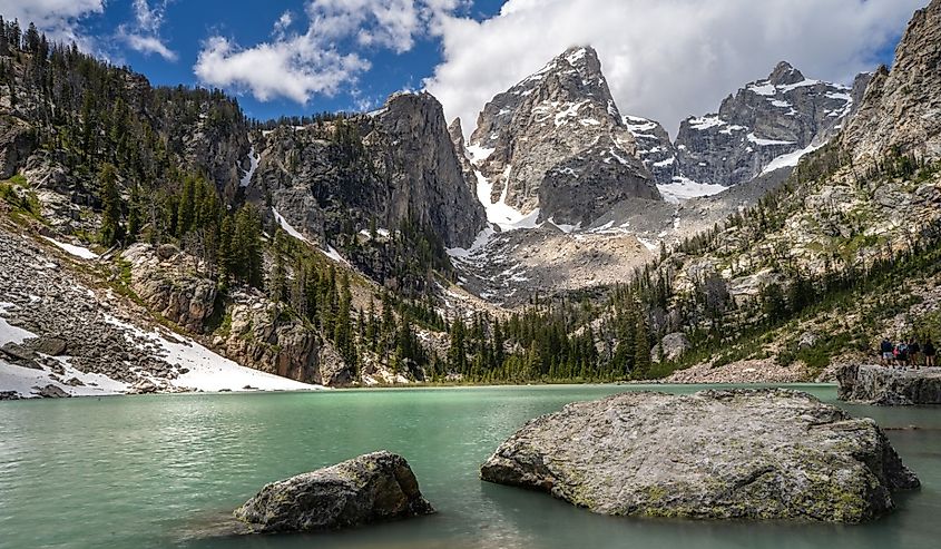 A stunning view of Delta Lake in Grand Teton on a sunny day in Grand Teton National Park, Wyoming,