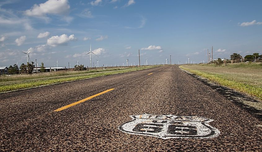 Painted Route 66 shield on Texas highway