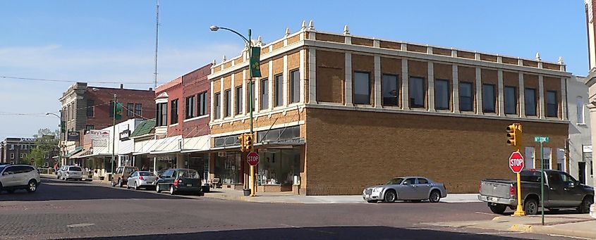 East side of Stone Street between 16th and 17th Streets in Falls City, Nebraska, part of the Falls City Commercial Historic District listed on the National Register of Historic Places