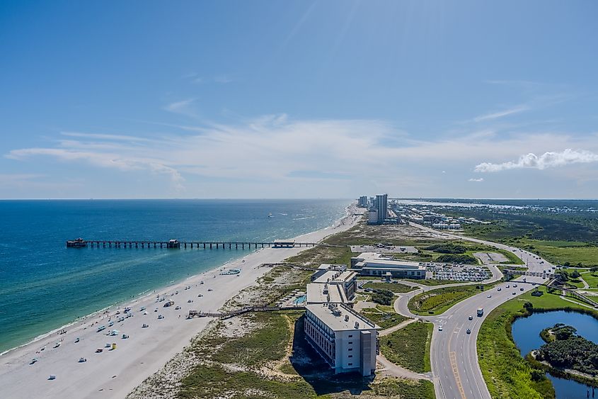 Aerial view of The Lodge at Gulf State Park and the beach at Gulf Shores, Alabama