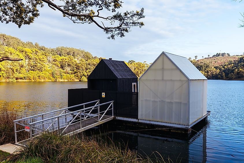 Briseis Hole (Lake Derby) and the famous Floating Sauna in the rural town of Derby on a cold spring morning in Tasmania, Australia.