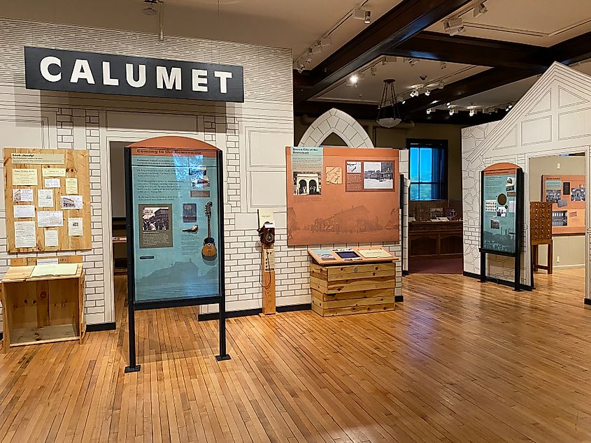 The elegant and informative interior of the Keweenaw National Historical Park Visitor Center in Calumet, Michigan