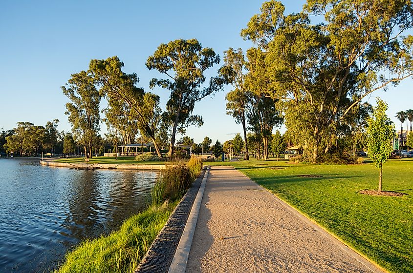 Victoria Park Lake in the regional Goulburn Valley town of Shepparton, Australia.
