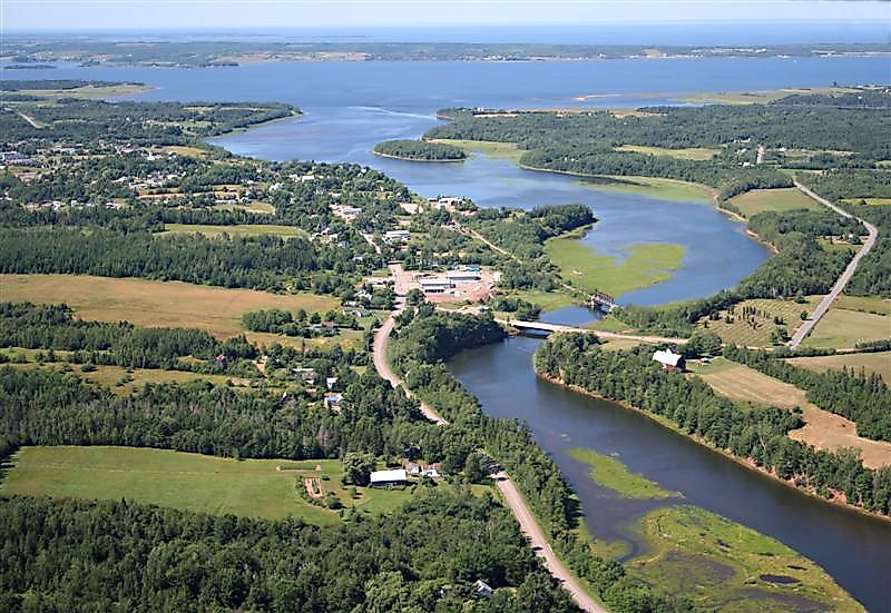 Aerial view of Tatamagouche, looking north-northwest down the Waugh River toward Tatamagouche Bay.