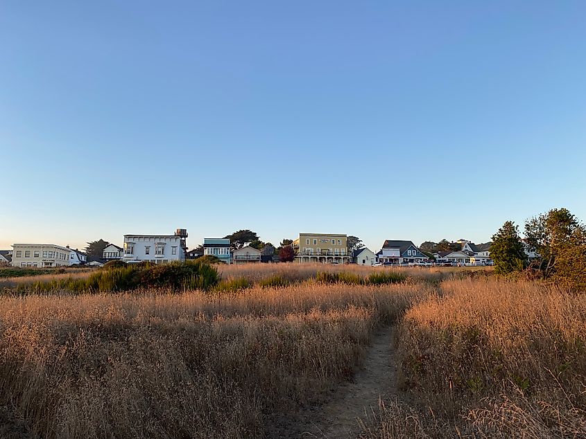 The glow of sunset hits a brown grassy trail leading toward Mendocino's timeless Main Street.