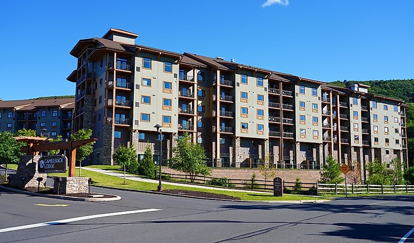 View of Camelback Mountain Resort, a large ski resort in the Pocono Mountains of Pennsylvania.