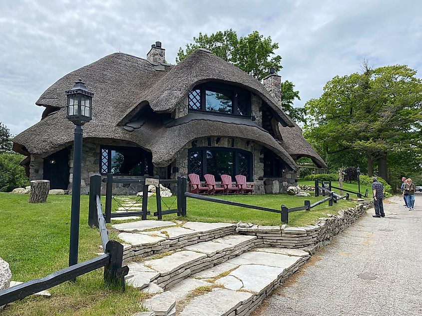 A large thatched house known as "The Mushroom House" in the Earl Young District of Charlevoix, Michigan. 