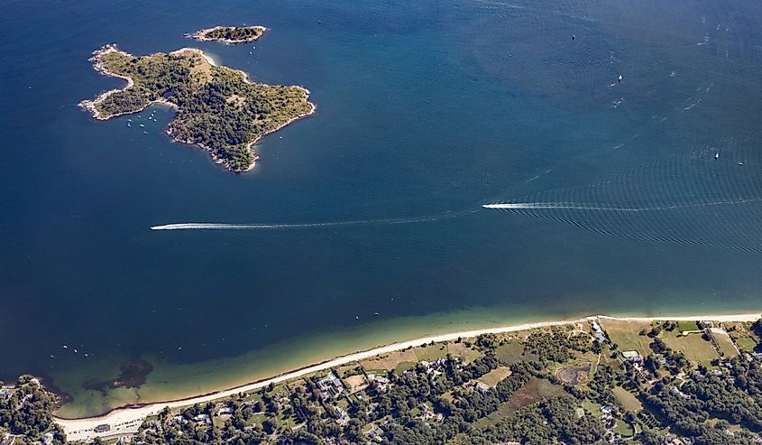 Misery Island, aerial, Boston, MA, US on a sunny day, approach Boston airport