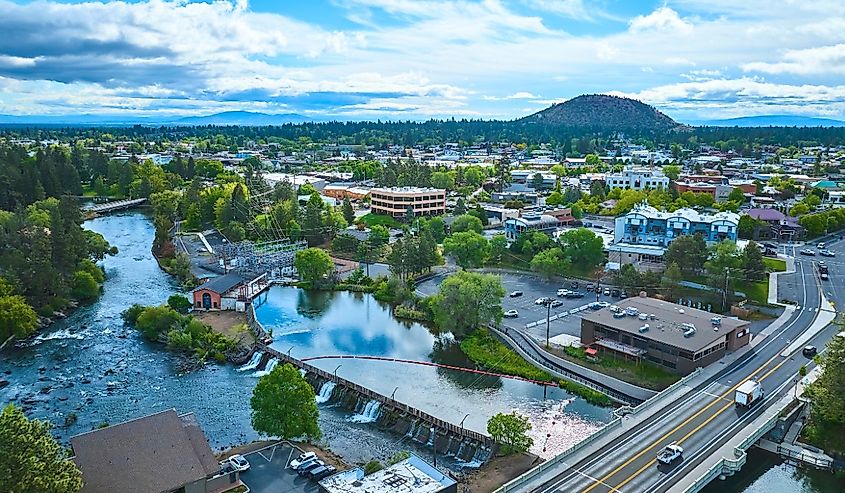 Aerial Fly Over Riverfront Community in Bend Oregon