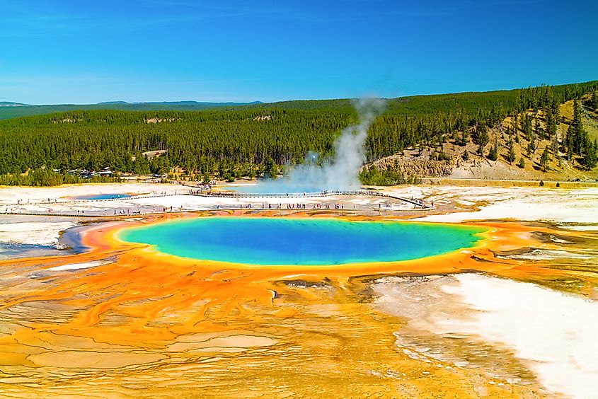 Clear aerial view of the Grand Prismatic Spring in Yellowstone National Park, located in Jackson Hole, Wyoming, USA.