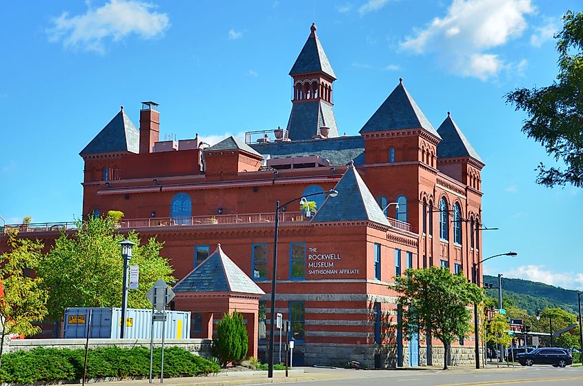 Exterior view of the Rockwell Museum, a Smithsonian Affiliate museum of American art, located in downtown Corning, New York, in the Finger Lakes region.