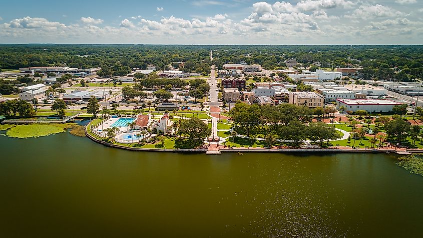 Drone view over Lake Eustis facing Ferran Park in downtown Eustis