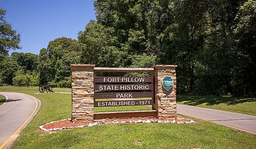 Park entrance sign as you drive into Fort Pillow State Historical Park, Henning, Tennessee.