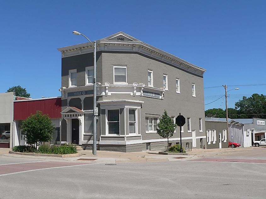 The old Nebraska City National Bank building at 700 Central Avenue in downtown Nebraska City, Nebraska, a historic brick structure with classic architectural details.