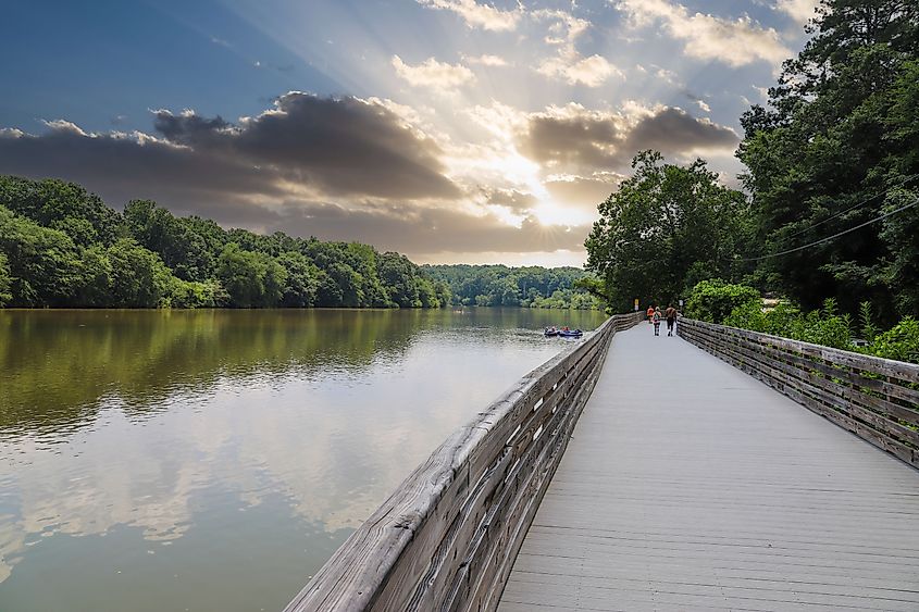 Roswell Riverwalk Boardwalk in Roswell, Georgia.
