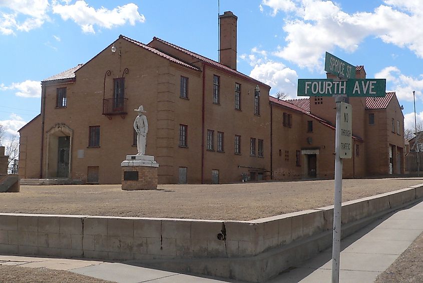 Dodge City Municipal Building situated on the south side of Spruce Street between 4th and 5th Avenues in Dodge City, Kansas, as viewed from the northeast.