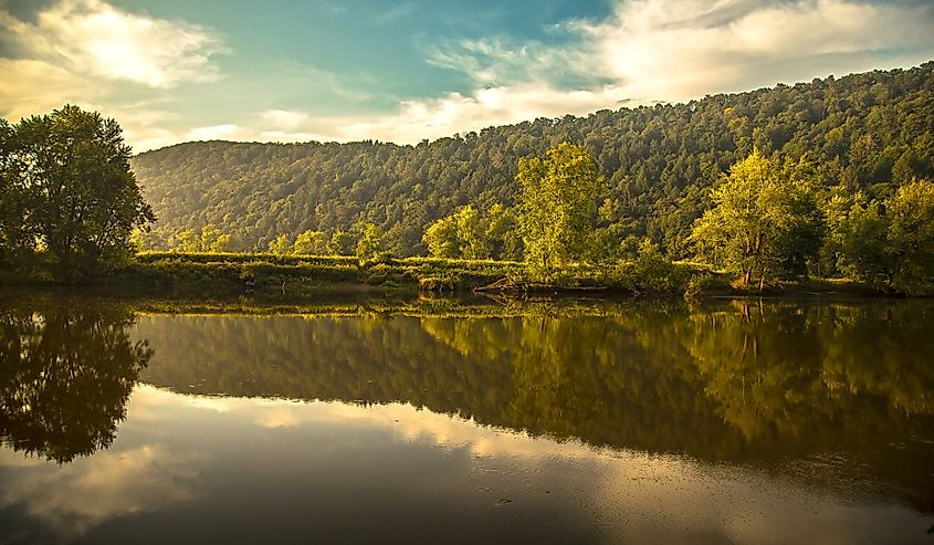 Beautiful, bright Mead Island sunrise along the Allegheny River near Warren, Pennsylvania.