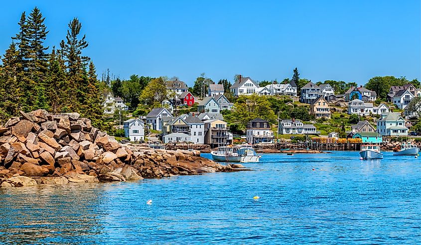 Picturesque New England fishing village waterfront and harbor. Location: Stonington, Maine