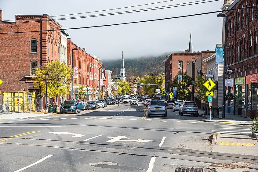 View of the busy main street in Montpelier, Vermont.