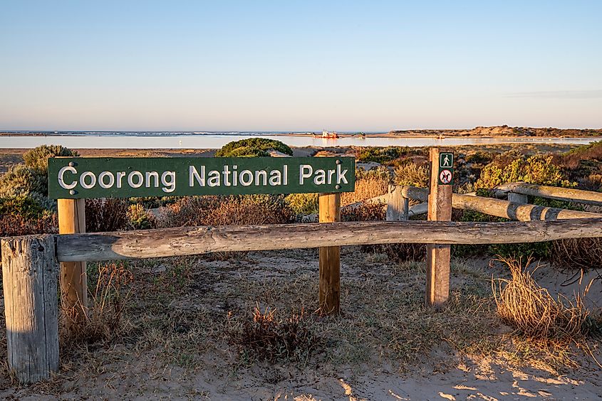 Coorong National Park sign, across from the Murray River Mouth. 