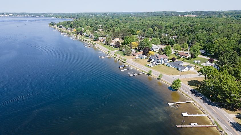 Aerial view of Lake Cadillac along Cadillac, Michigan