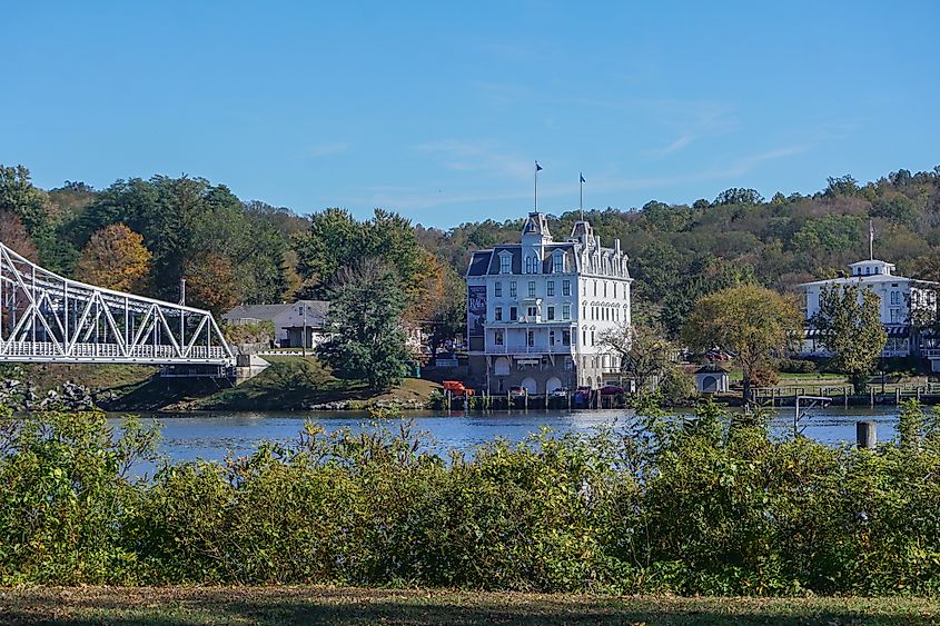 The Goodspeed Opera House with the East Haddam Bridge over the Connecticut River in East Haddam, Connecticut
