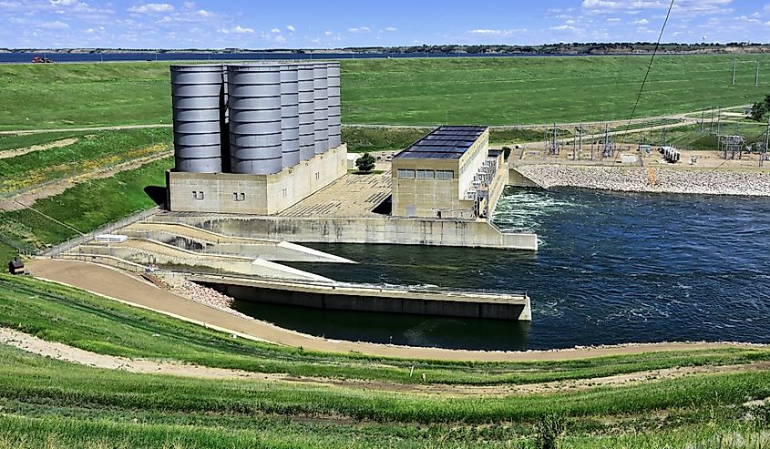 Garrison dam hydroelectric generating station using the water of Lake Sakakawea in Pick City, North Dakota.