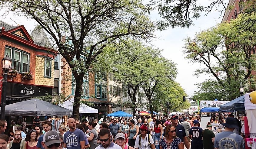 People at a mushroom festival in downtown Kennett Square, PA