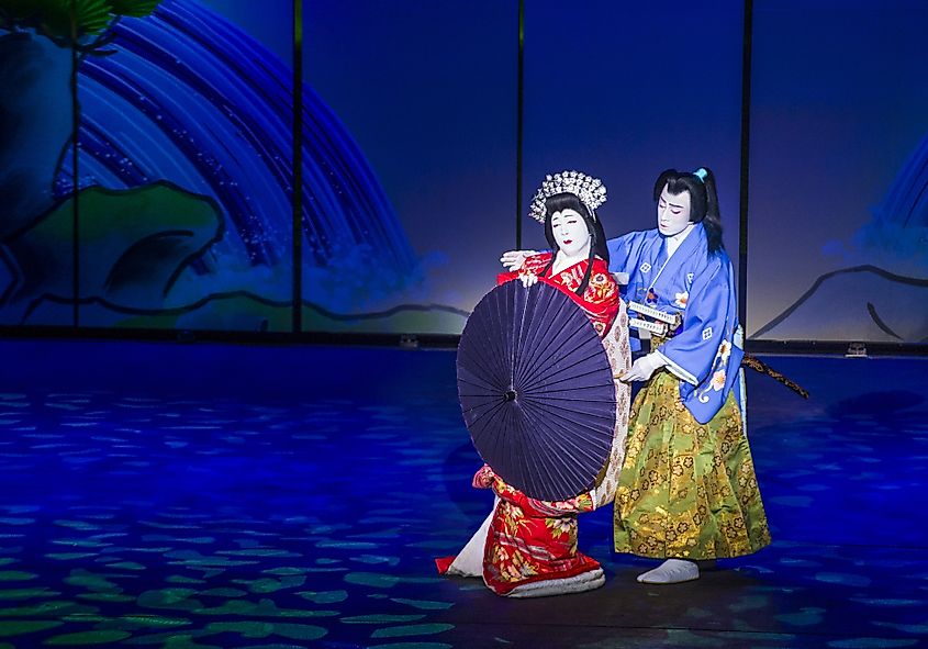 LAS VEGAS - AUG 16 : Traditional Japanese Kabuki performance in front of the Bellagio hotel and casino fountains on August 16 2015. Kabuki is a classical Japanese dance-drama
