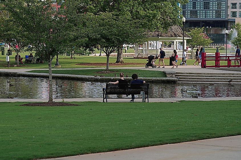 People enjoying time at Big Spring International Park in Huntsville, Alabama