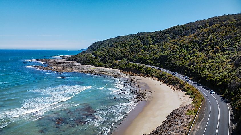The Great Ocean Road along the coast in Australia, seen from above