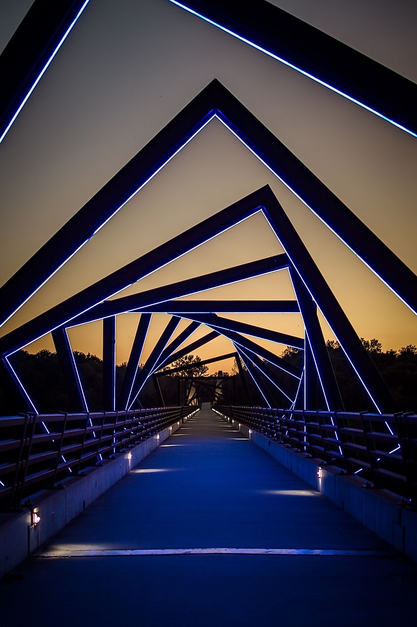 Abstract photo of square blue lights on the High Trestle Trail in Iowa.