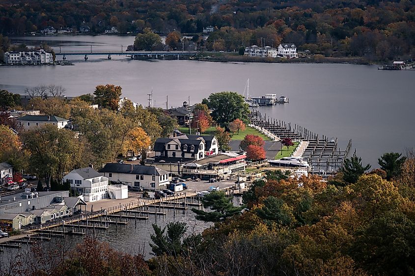 Aerial view of Saugatuck, Michigan, showcasing the town nestled along the Kalamazoo River