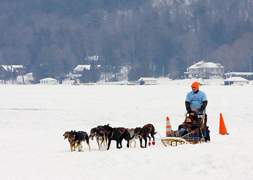  Kids having a fun ride in a dog sled on the ice of Lake George. Editorial credit: Sean Donohue Photo / Shutterstock.com