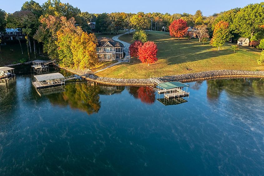 Aerial view of lake homes and boat houses on Tims Ford Lake in Winchester, Tennessee.