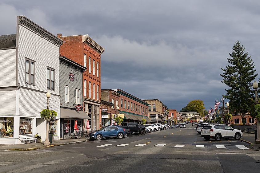 Rustic buildings lined along a street in downtown Snohomish, Washington.