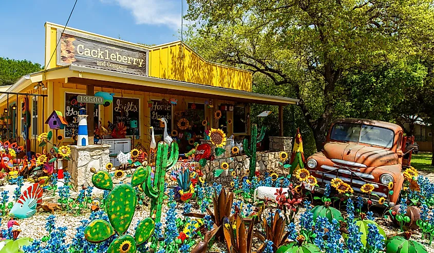 Colorful shop with artwork on display in the small Texas Hill Country town of Wimberley.