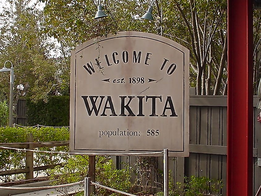 A legacy photo of the welcome sign from Wakita, Oklahoma, featured in the movie Twister, at Universal Studios Orlando.