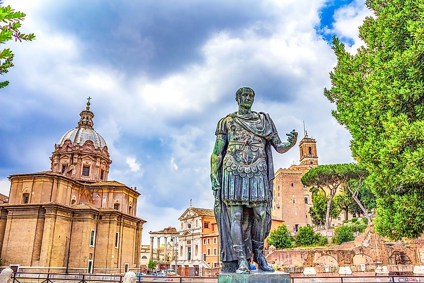 The statue of Julius Caesar located along the Via dei Fori Imperiali in Rome, Italy