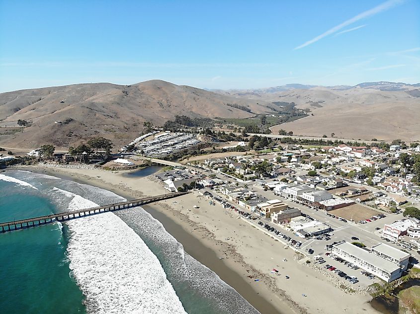 Aerial view of the coastline of Cayucos, California.