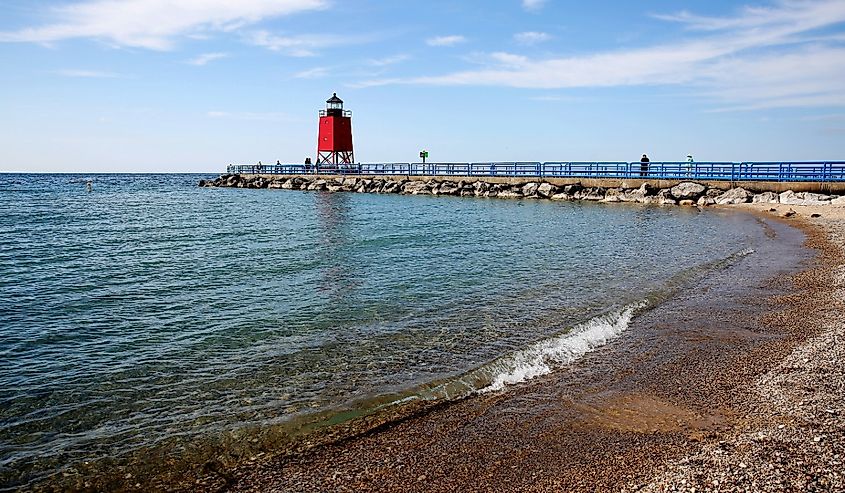 Charlevoix South Pier Light Station at Michigan Beach City Park in summer, Charlevoix, Michigan.