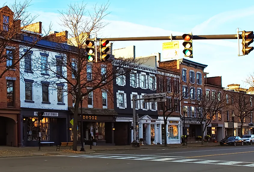 Rustic buildings along a street in the town of Skaneateles, New York.