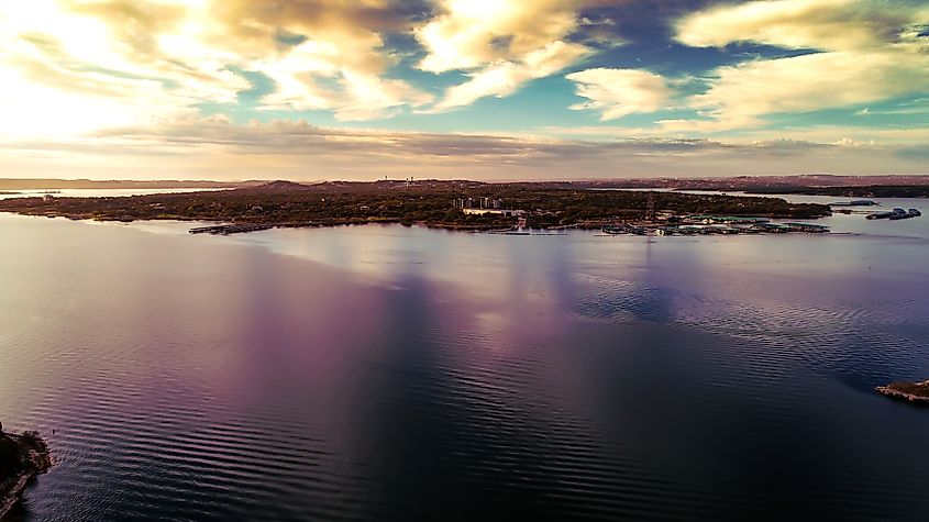 A serene sunrise at Lake Travis in Lago Vista, Texas