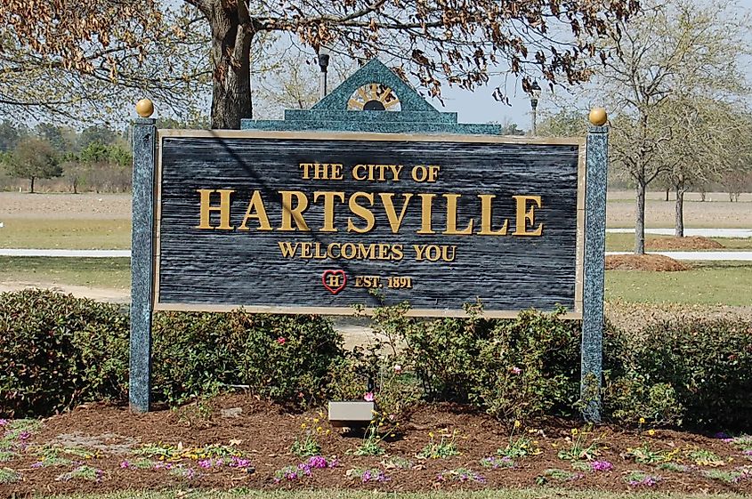 Welcome sign for visitors to Hartsville, South Carolina