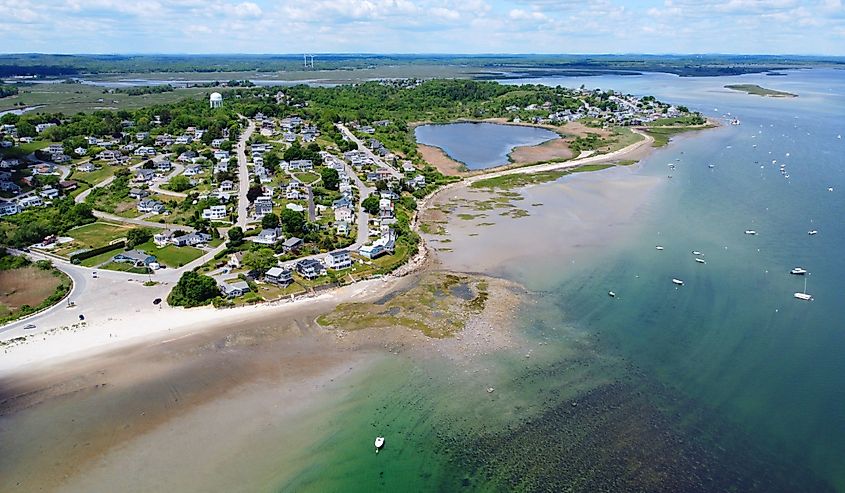 Historic village on Great Neck and Pavilion Beach aerial view at Ipswich Bay in town of Ipswich, Massachusetts