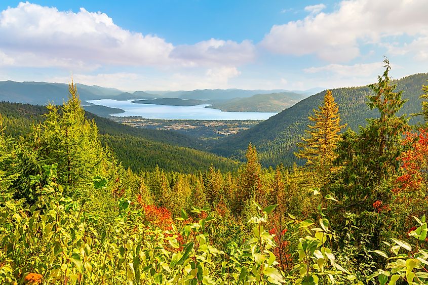 Panoramic wide angle view from Schweitzer Mountain and resort of the towns of Kootenai, Ponderay and Sandpoint, Idaho, along the shores of Lake Pend Oreille.