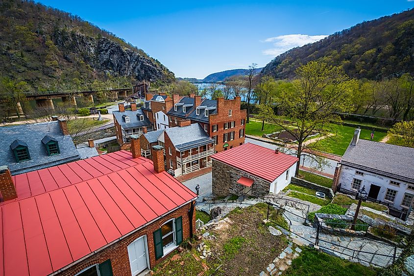 View of historic buildings in Harpers Ferry, West Virginia.