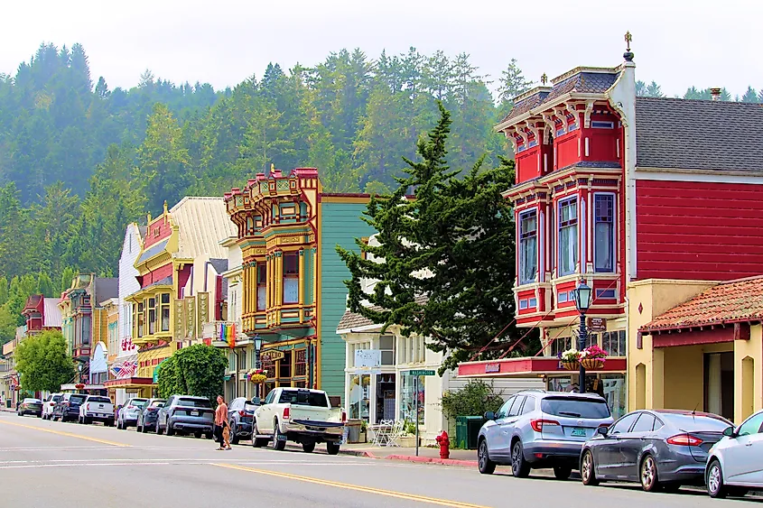 Historical buildings with stores and restaurants in Ferndale, California.