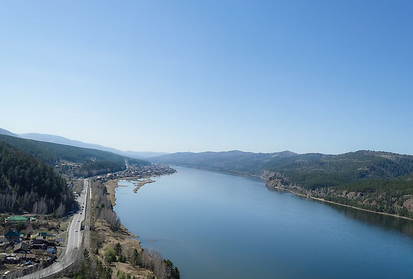 view from above on banks of Yenisey River and mountains