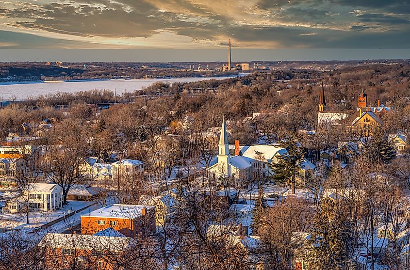 Aerial view of Hudson during winter in Wisconsin.